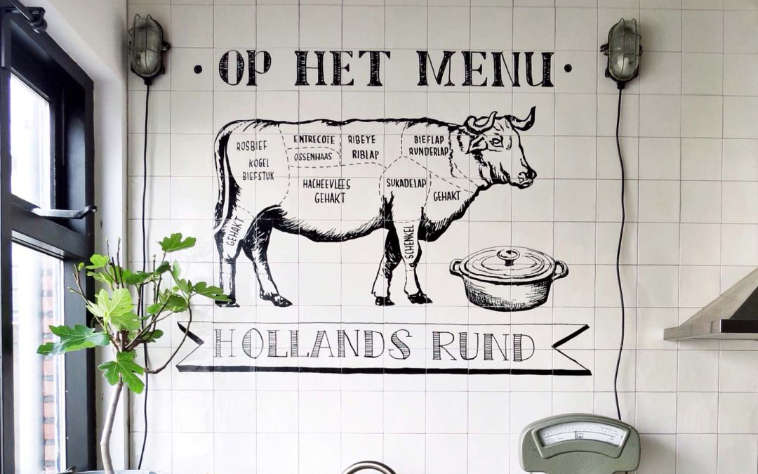 Veel Woongeluk | Muurtekening van een koe in delen op tegels
